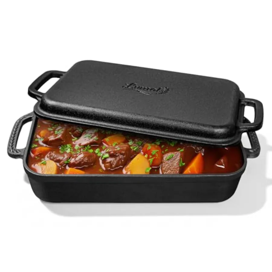 

Oven-use casserole dish for lasagna and sourdough bread pre-seasoned cast iron black 2-in-1 with lid 9x13 inch