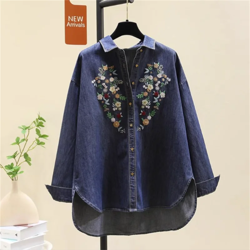 

Джинсовая рубашка для женщин, свободная блузка, топ с вышивкой, шикарная женская одежда, рубашки, кардиган, топ на пуговицах, асимметричная женская блузка с разрезом