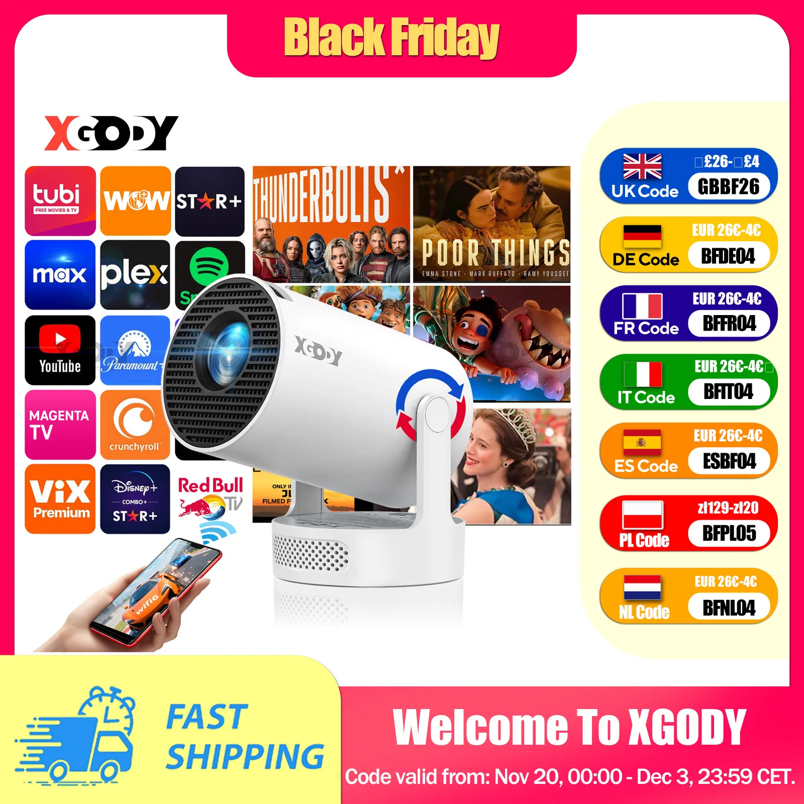 XGODY projecteur cardan 3S courte portée 4K Android 11 250ANSI Wifi6 Mini BT5.4 projecteur natif 720P Home cinéma extérieur Portable