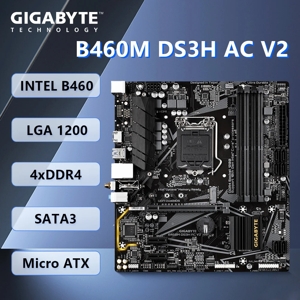 Gigabyte B460M DS3H AC V2 Motherboard Supports LGA 1200 i9-10900K i7-10700K CPU,Intel B460 DDR4 2666 MHz,Micro ATX, 100% Tested.