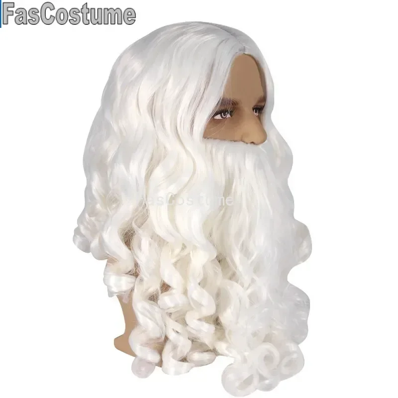 FasCostume คริสต์มาสคอสเพลย์วิกผมสังเคราะห์ผมยาวสีขาว Santa Claus Beard วิกผม Unisex ผู้ชายผู้หญิง Party Dress Up อุปกรณ์เสริม