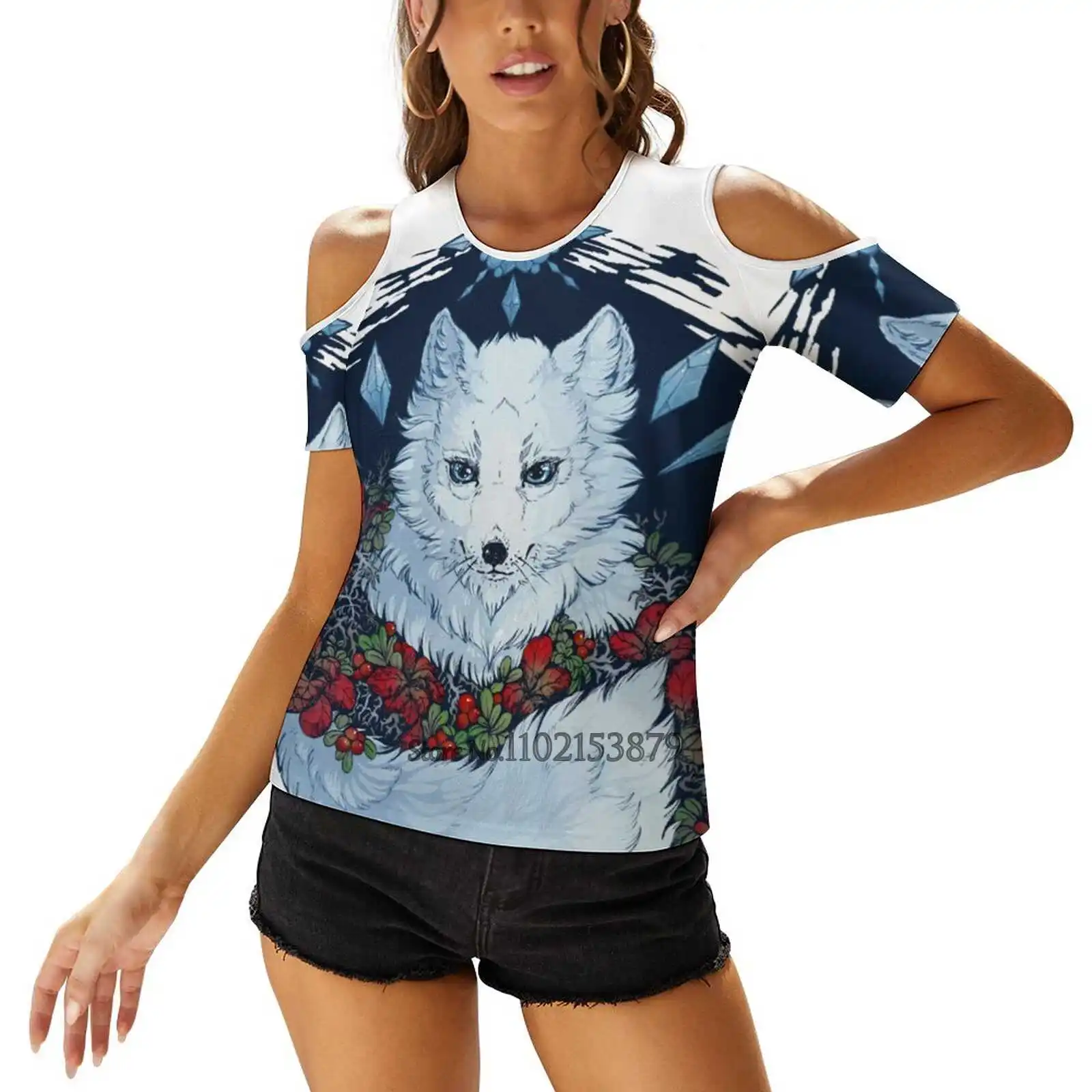 Float Ice Fox Women'S Clothing V-Neck Tops Zipper Tee Ladies Casual Sexy T-Shirt Arctic Fox Fox Foxes Animal Nature Ice Winter