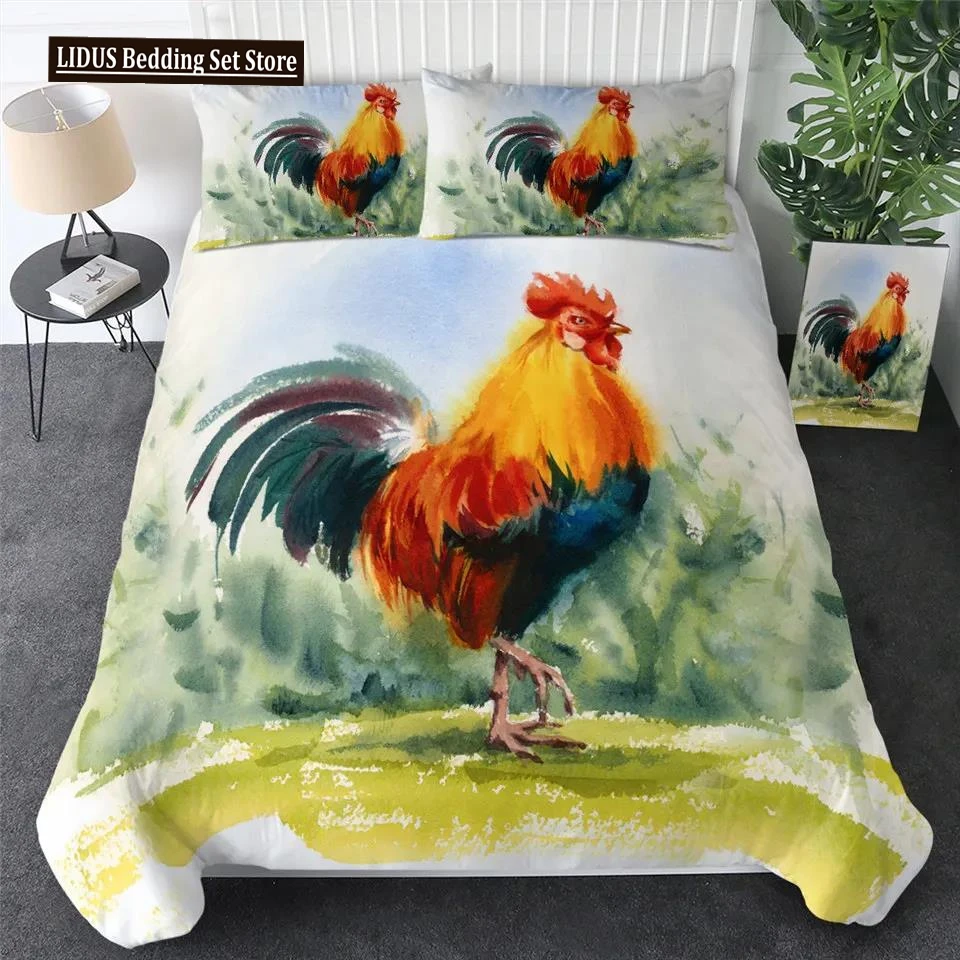 

Chicken Duvet Cover King Queen Size Watercolor Rooster Bedding Set For Kids Teens Adults Farm Animal Polyester Comforter Cover