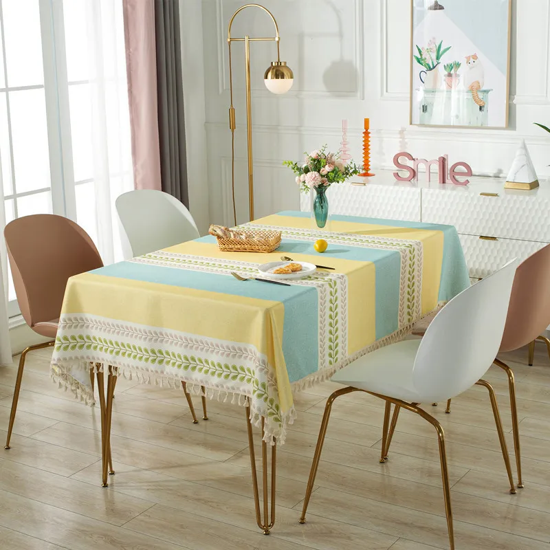 Nordic Striped Waterproof Tea Tablecloth Anti-Dirt Desk Dust Cover for Living Room Faux Cotton and Linen Dining Table Decoration