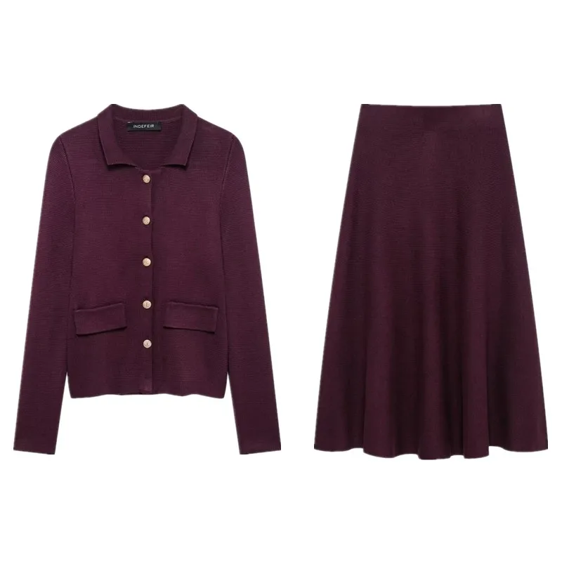 Spring 2025 New Women's Faion Long Sve V-Ne Knitted Jaet Mid-Waist  Skirt Set Simple Ele Office Workwear