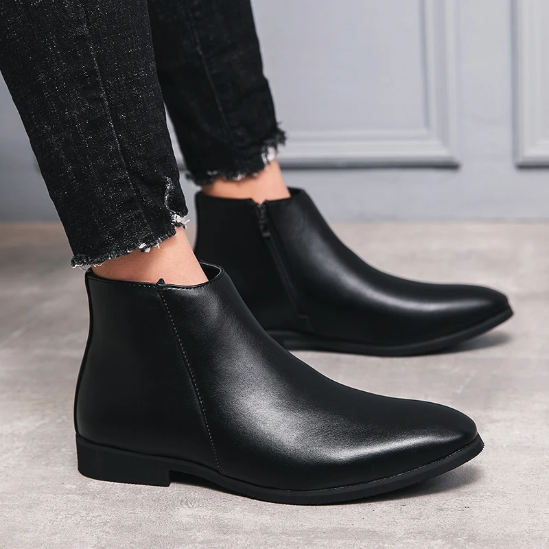 

Men Fashion Boots PU Leather Winter Warm Size 37-47 Zip Boys Dress Formal Flat Model Black Flat Loafers Shoes