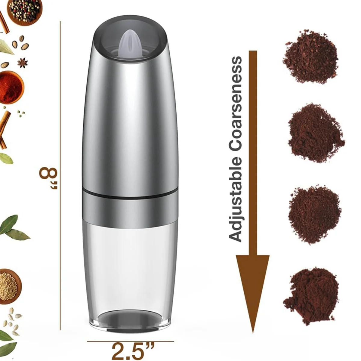 Gravity Electric Salt and Pepper Grinder Set, Adjustable Coarseness, Mill Grinder, Battery Powered, One Hand Operated