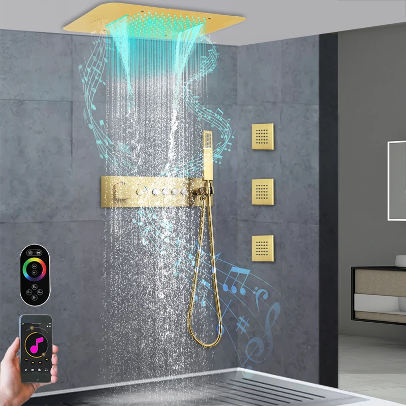 

Ceiling Embedded 23*15 Inch Led Shower Head With Music Speaker System Rain Waterfall Bathroom Thermostatic Shower Faucet Set