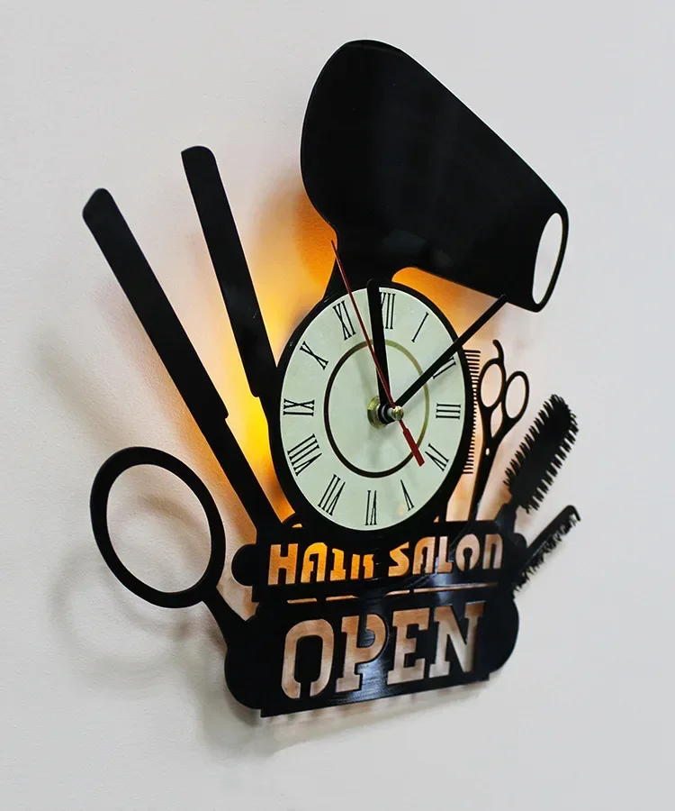 Hair Salon Wall Art Vinyl Record Wall Clock LED Night Light Hairdresser Creative Clock Decoration Modern Design  Wall Clock