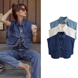 Ladies Fashion With Pockets Cropped Denim Blouse Shirts Women Sexy Sleeveless Button-up Female Blouses Blusas Chic Tops Female