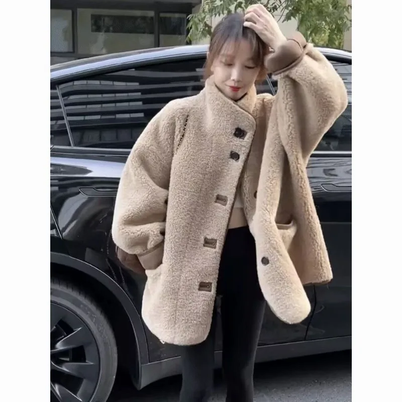 

New Women's Stand-up Collar Fur Integrated Lamb Wool Jacket Autumn Winter Warm Woolen Jacket Female Loose Windproof Outerwear