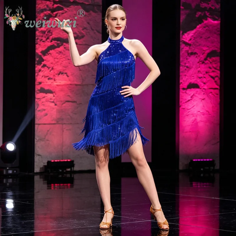 Latin Dance Sequins Tassel Dress Professional Competition Costume Sexy Performance Fringe Dancing Costume Ball Suspender Dres