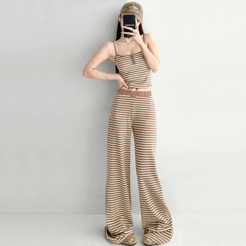 

Women's Button Detail Padded Bust Cami Top Co-ord & Wide Leg Trouser Co-ord In Stripe Casual Two Pieces Set
