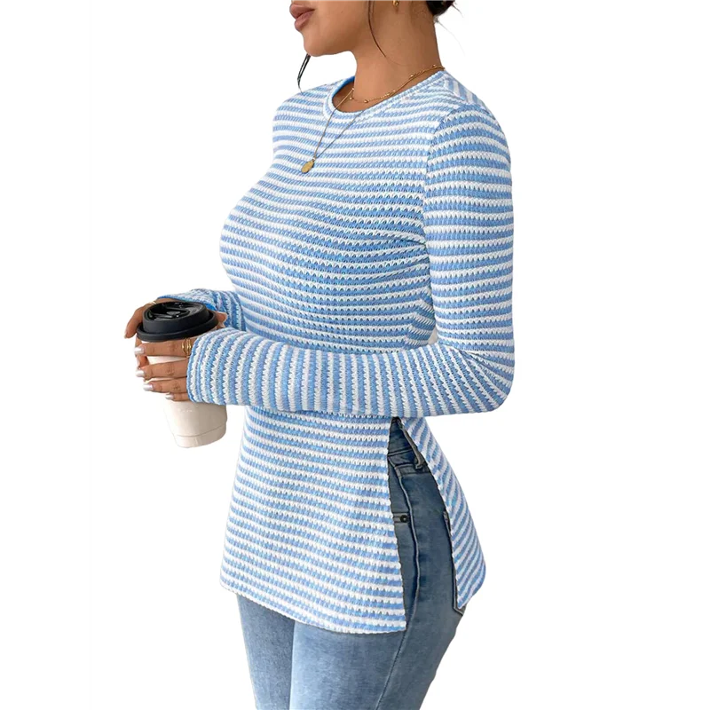 

BEDW-Women's Striped Long Sleeve T Shirt Crew Neck Slit Hem Slim Fit Tee Tops