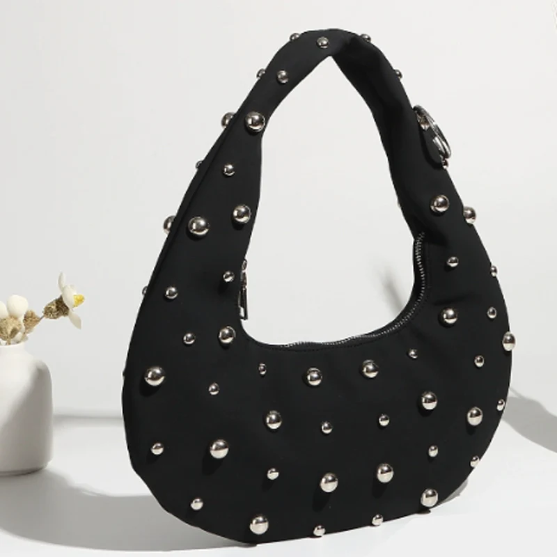 

Punk Rivet Tote Bags for Women Half Moon Black Shoulder Bag Soft pu Handbags and Purses High Quality Cloud Bag Shopper