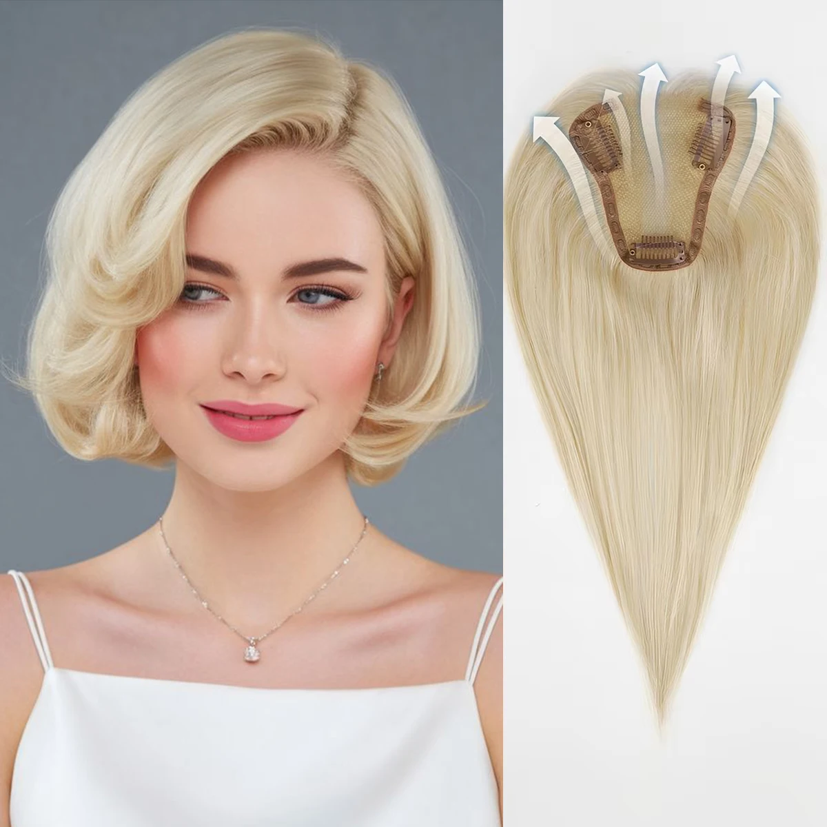 100% Remy Human Hair Toppers for Women 12 Inch Blonde Straight Middle Parted Human Hair Piece Silk Base Clip in Topper Top Hair