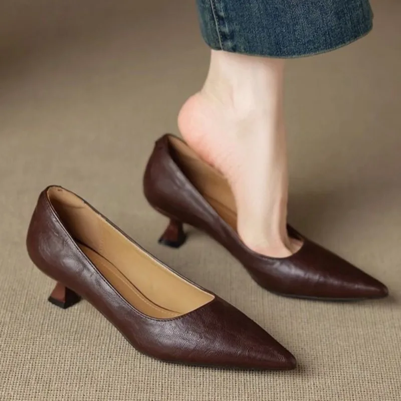 

Women's Cow Leather Pointed Toe Slip-on Pumps High Quality Soft Comfortable Elegant Ladies Thin High Heel Slim Dress Shoes，35-41