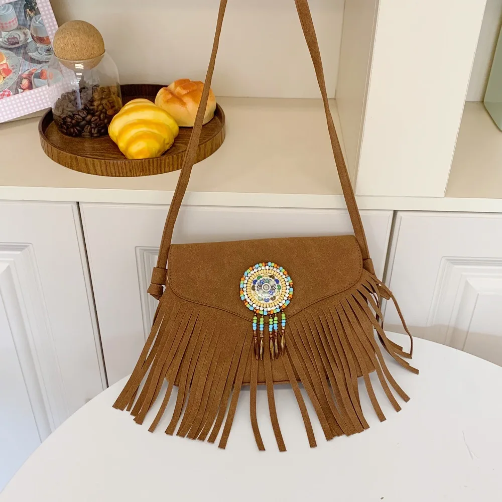 

Корейская стильная сумка через плечо с кисточками, винтажная большая вместительная замшевая сумка через плечо, женская сумка из искусственной кожи в богемном стиле в этническом стиле