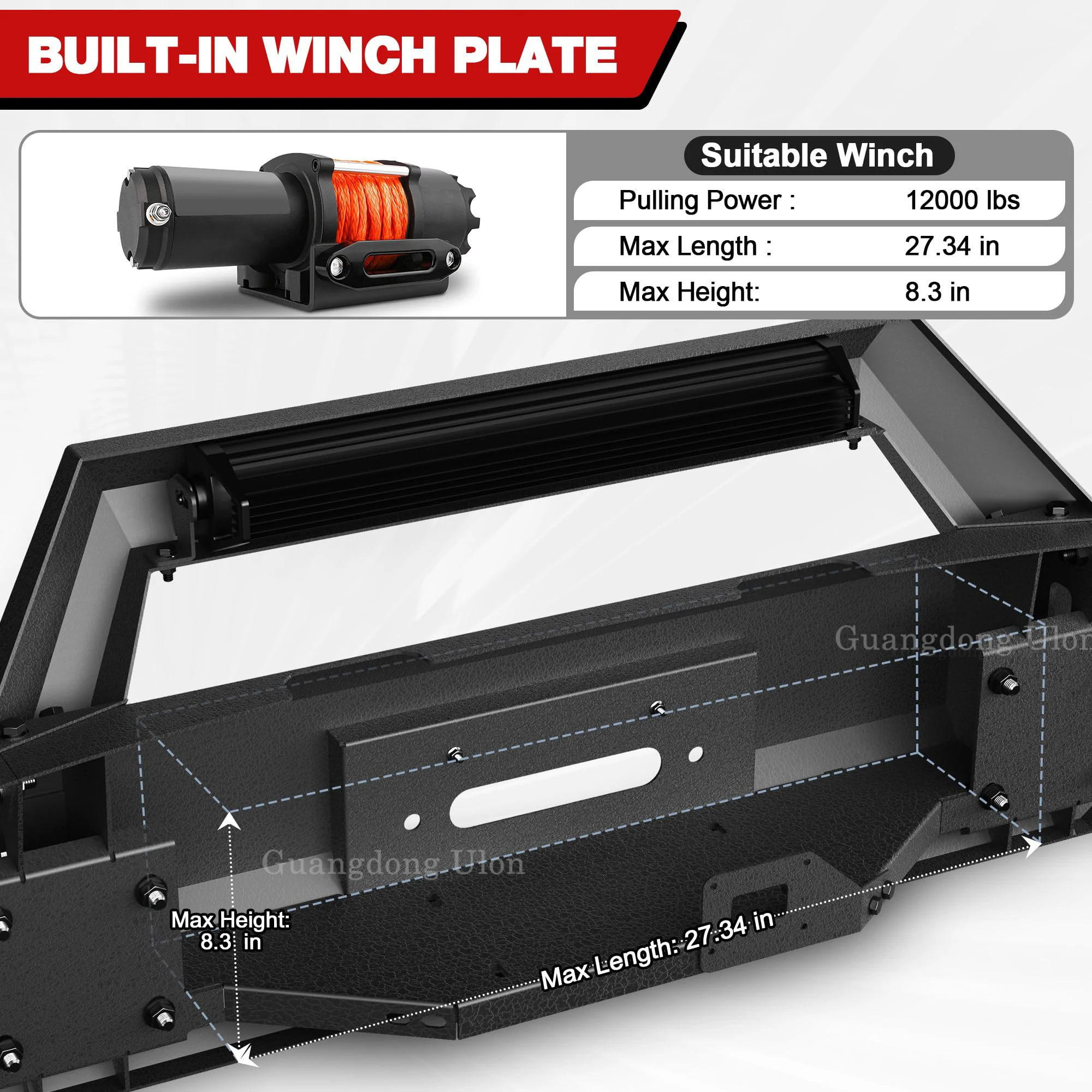 2009 2012 Dodge Ram 1500 pickup truck front bumper with winch plate, D-ring and 144W Light Emitting Diode strip