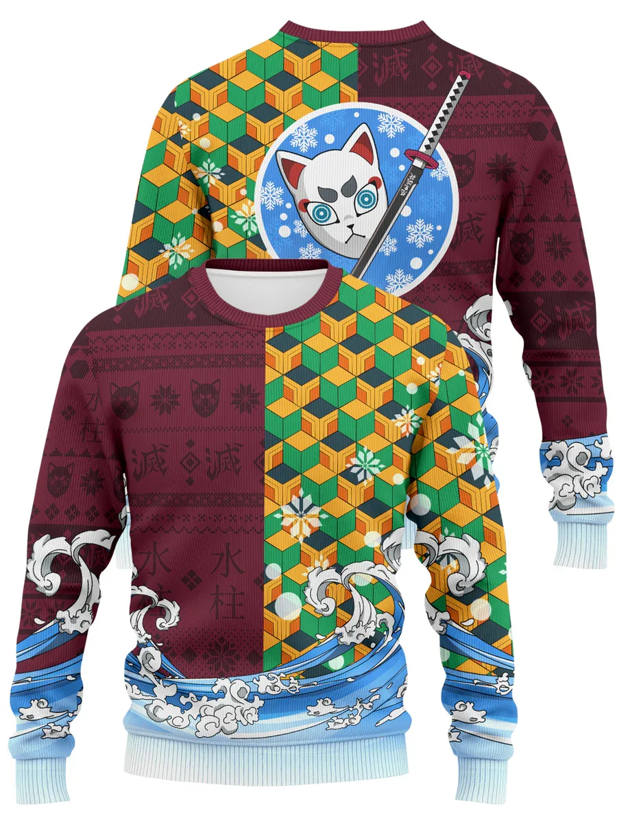 가을과 겨울 크리스마스 귀멸의 칼날 캐릭터 3D 프린팅 남성용 긴팔 라운드넥 셔츠 남성용 라운드넥 후디