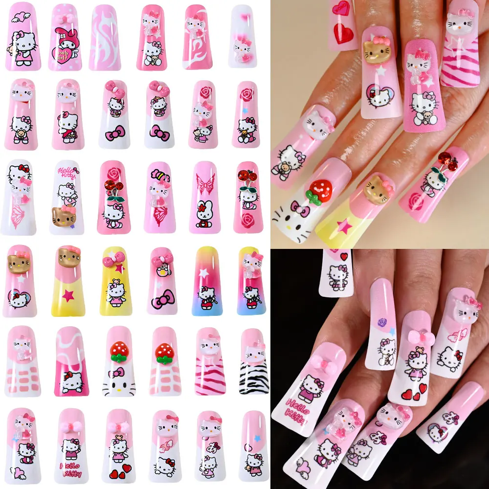 24/12pcs ปากเป็ดเล็บปลอมสีชมพู Nude Sanrio น่ารัก Hello Kitty เคล็ดลับฝรั่งเศสกดบนเล็บปลอม 3D Rhinestone Duckbill เล็บ