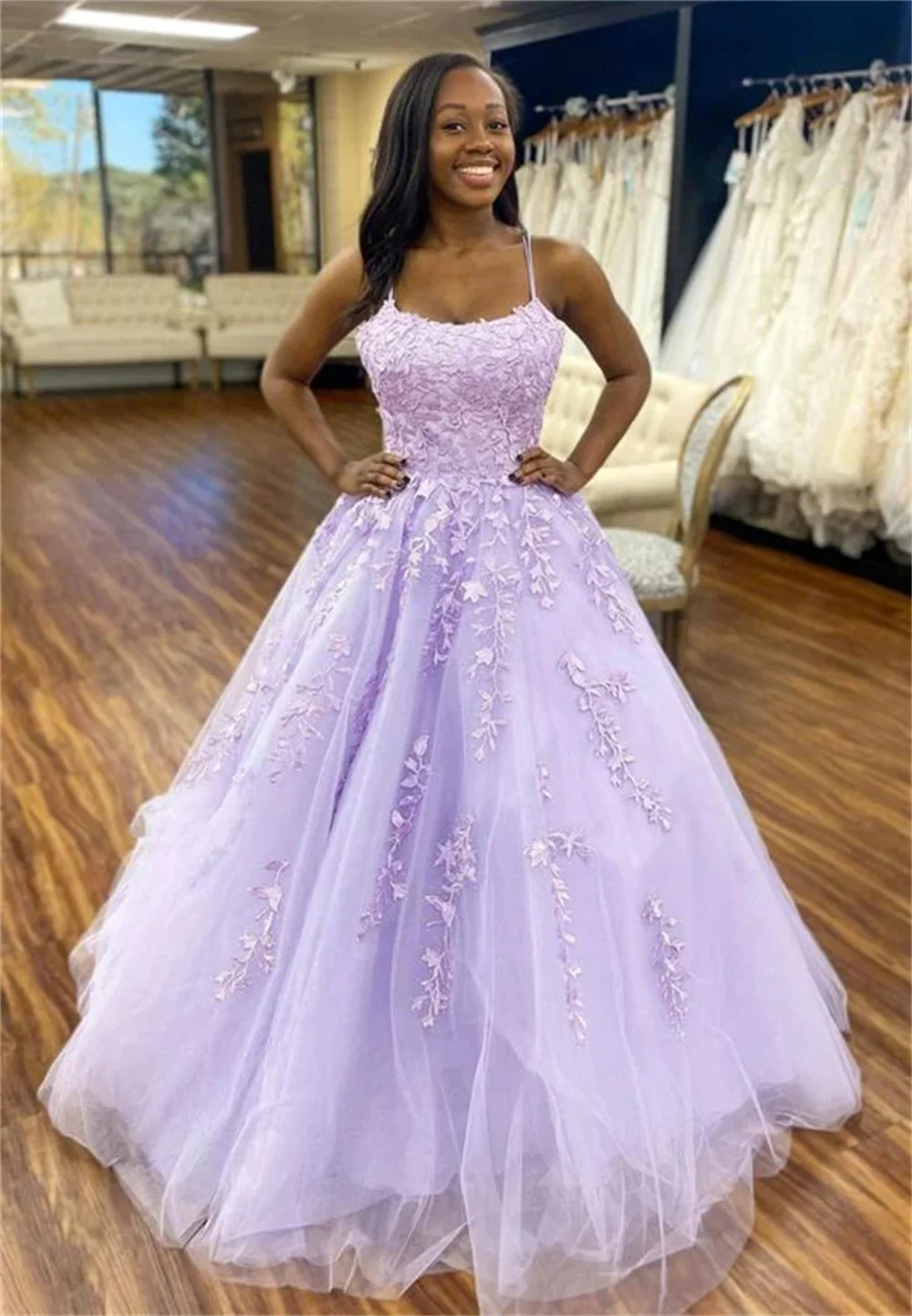 Annie Appliqué Embroidery Prom Dresses Sweet Tulle A-line Evening Dresses Lavender Purple Coming Of Age Ceremony Party Dress