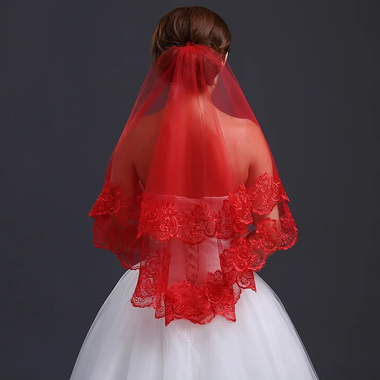 Véu de casamento feminino em renda, Noiva, Noiva, Vermelho, Halloween, Cabelos com cabeça, 2024