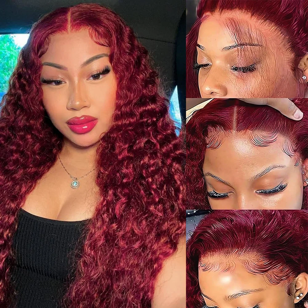 Deep Wave Human Hair Wig For Woman On Sale Natural Hairline 13x4 HD Lace Frontal Wigs Pre Plucked with Baby Hair 99J Burgundy