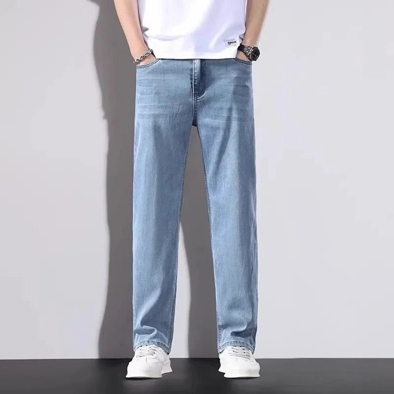 

Весенне-осенние мужские мешковатые прямые джинсы, мужские широкие повседневные уличные джинсовые брюки, деловые повседневные однотонные брюки