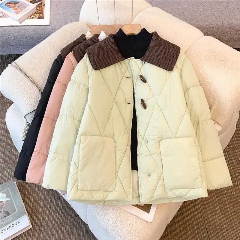 New Korean Style Fragrance Short Cotton-Padded Jacket Contrast Color Diamond Check Design Lapel 2025 Winter Cotton-Padded Jacket