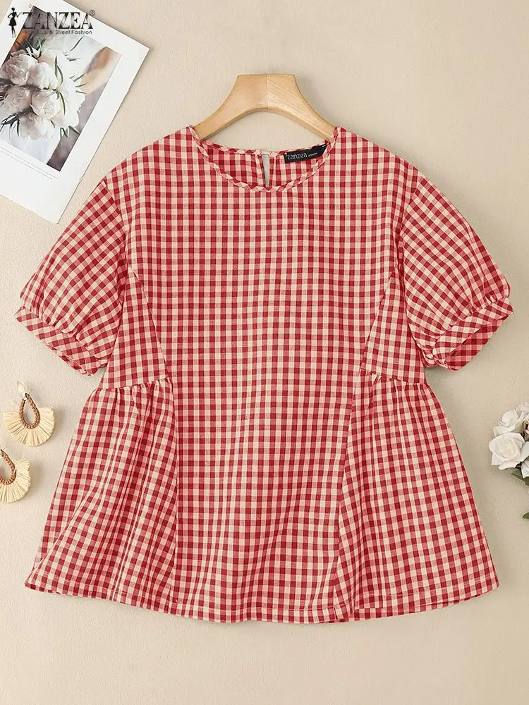 เสื้อผู้หญิง ZANZEA รุ่นซัมเมอร์ 2025 ทรงหลวม ลายสก็อต แขนสั้น คอทรงโอ สไตล์ลำลอง เรียบหรู จับจีบ เหมาะสำหรับทำงาน