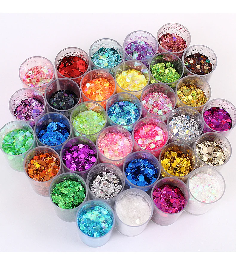 3g * 32 botellas láser para decoración de uñas, lentejuelas brillantes, Holo, hexágono mezclado, copos gruesos y finos Xams, cuerpo brillante/ojos/cara/polvo decorativo para manicura