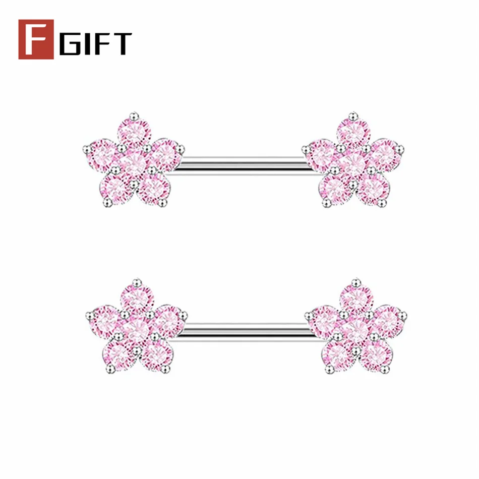 2 anneaux de tétons en cristal rose zircon, 14G, barre droite en titane, piercing de tétons pour femmes, accessoires de bijoux pour le corps