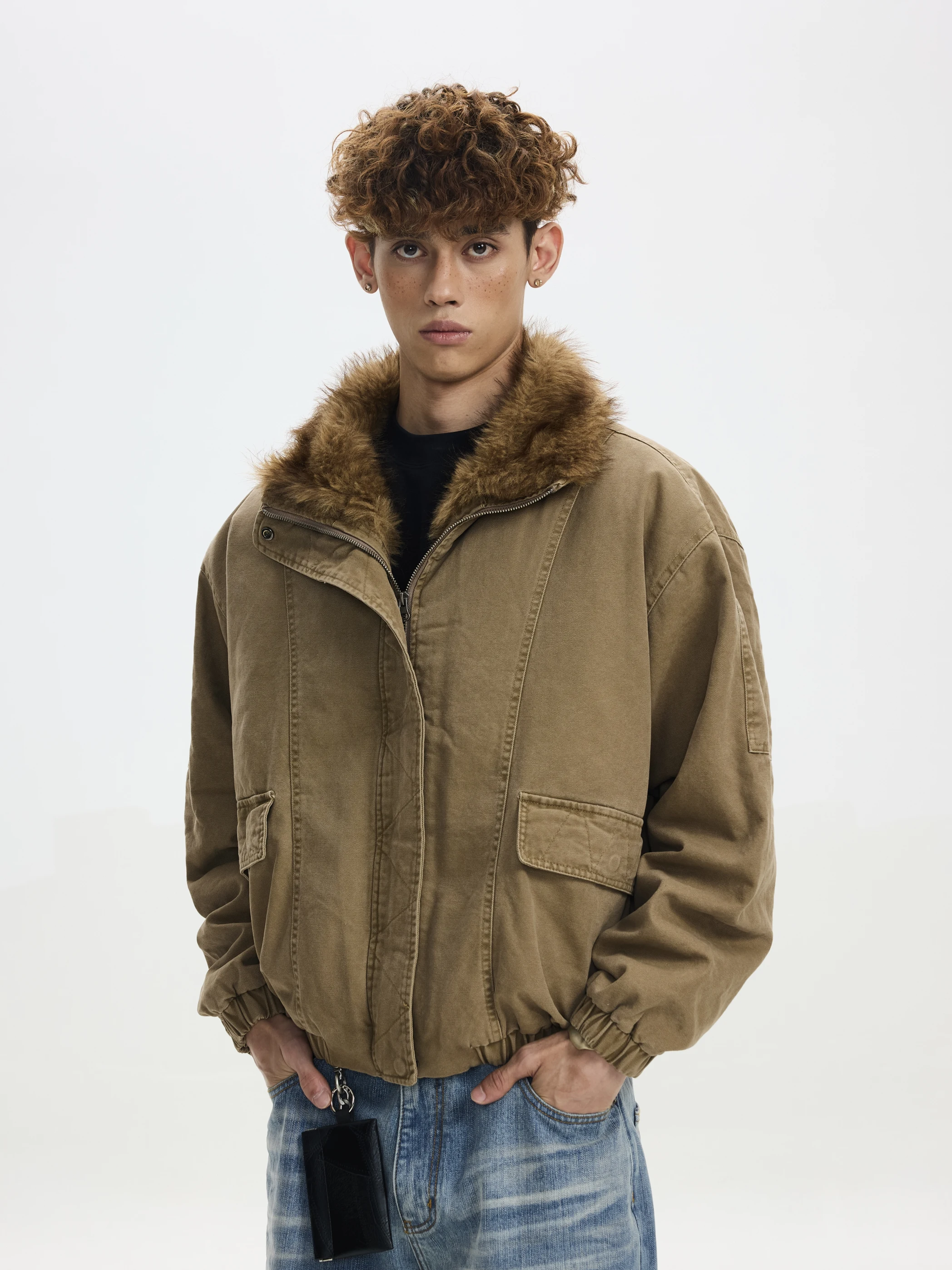 

Retro American Sle Cotton Workwear Jaet Men's ort Loose Warm Faux Fur Collar Polyester Filling Long Sve Zipper Closure