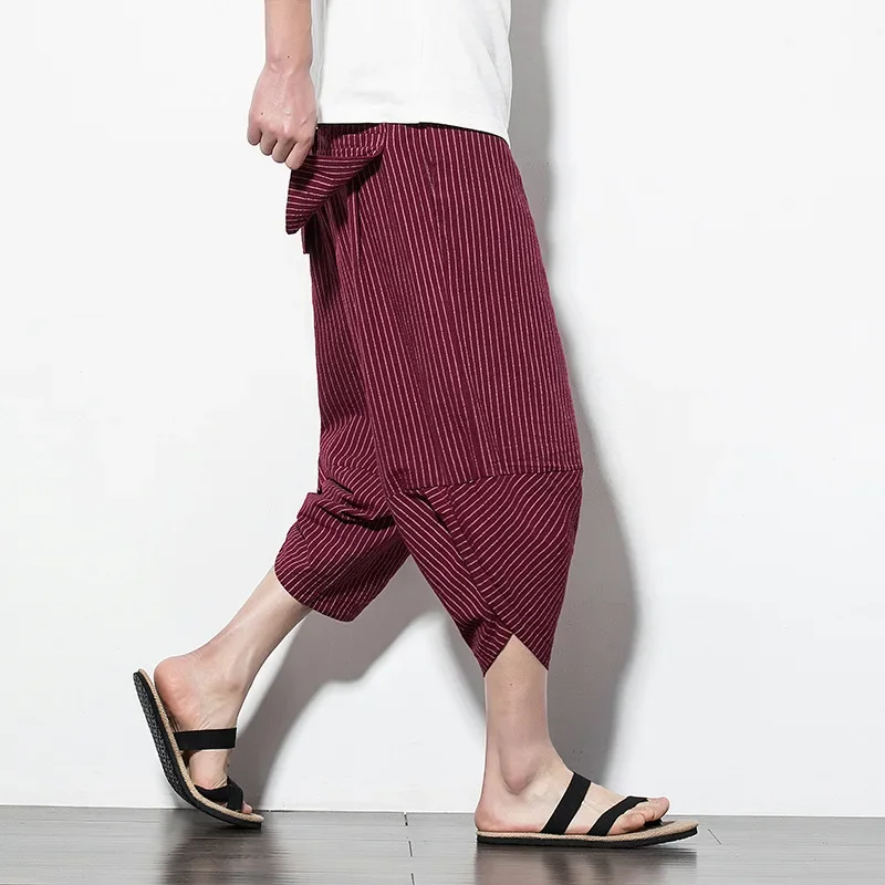 

2024 Summer Harajuku Calf Length Casual Men's Pants Wide Leg Cotton Linen Printing Harem Baggy Pants Fashion Men's Clothin