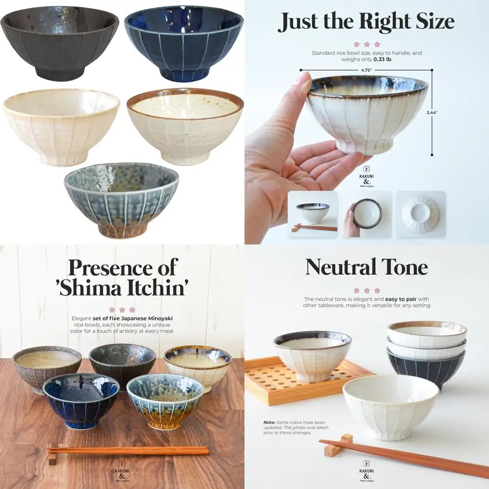 

Japanese Ceramic Ichichin Rice Bowls Set of 5: Deep Soup and Eating Bowls with Unique 3D Stripes