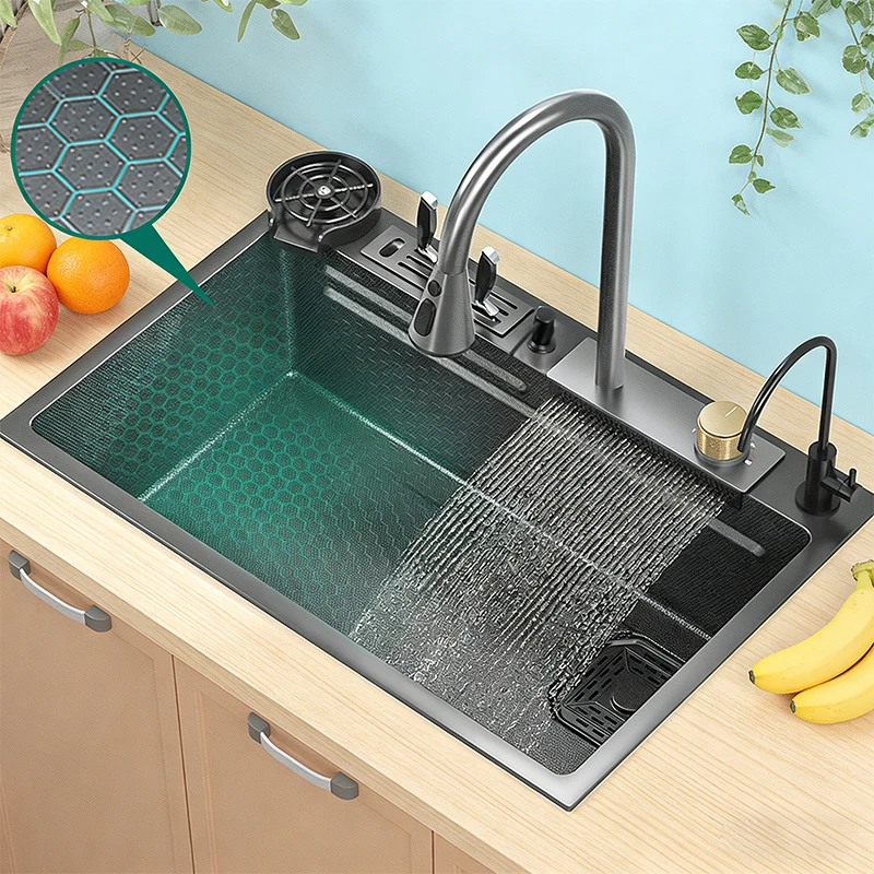 Multifunctional Stainless Steel Household Waterfall Kitchen Sink Large Single Slot Vegetable & Dish Washing Basin