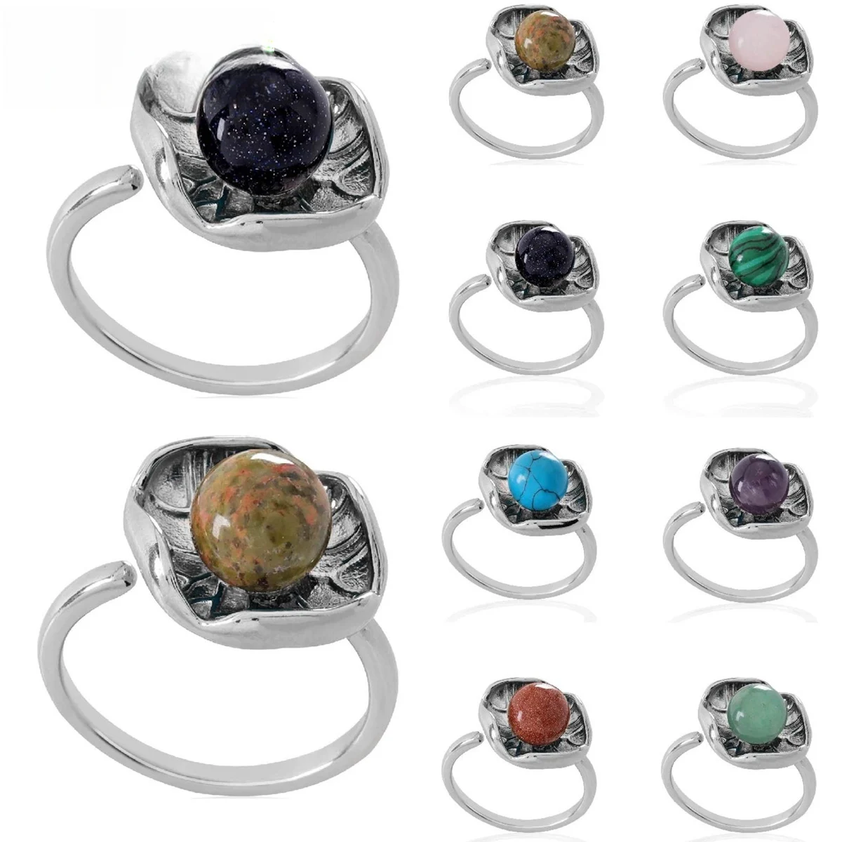 Lotus Statement Rings for Women Girls Adjustable Healing Chakra 8MM Gemstone Spheres Crystal Dewdrop Spiritual Knot 