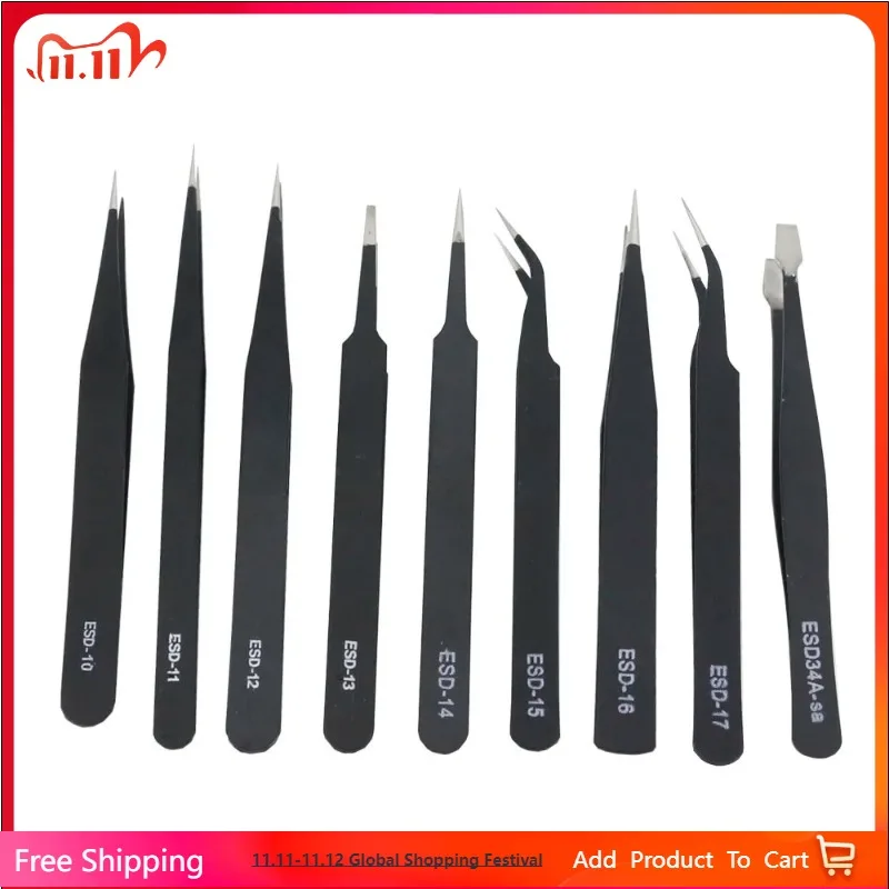 Precision Black Stainless Steel Tweezers Set - 10-17 Pointed Elbow Straight Edge Tool for Detail Work