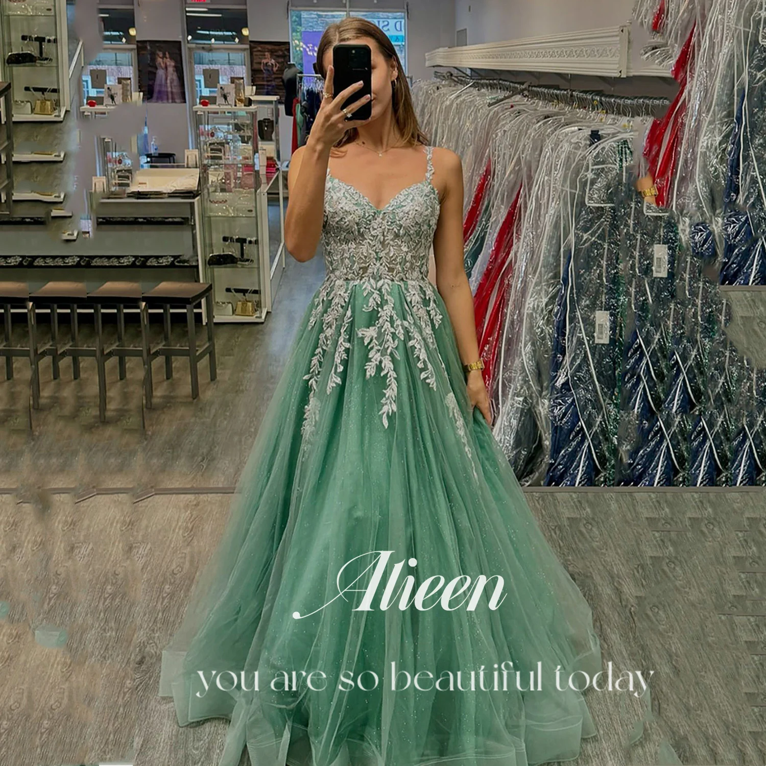 

Aileen Women Evening Dress فساتين سهرة Wedding Dresses for Parties Customized Green Lace A-line Vestidos De Festa V-neckline