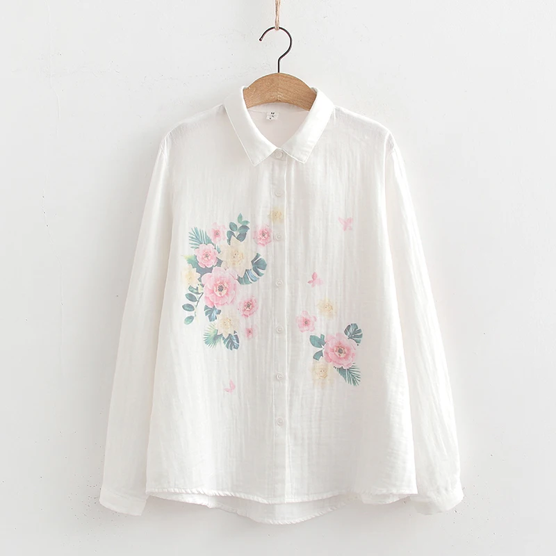 

Spring Autumn Cotton Flower Print Blusas Tops Women Clothing White Shirt Long-sleeved Casual Sweet Loose Shirts & Blouses U048