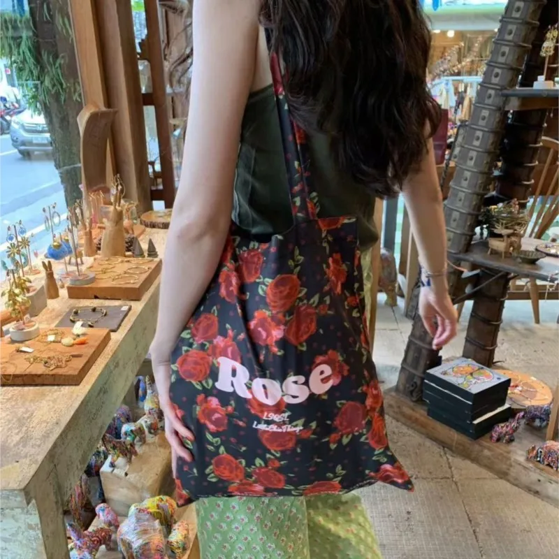 JIAERDI Retro Black Rose Shoulder Bag Women Romantic Flower Large Capacity Handbag Vacation Lightweight Casual Shopping Bag Chic