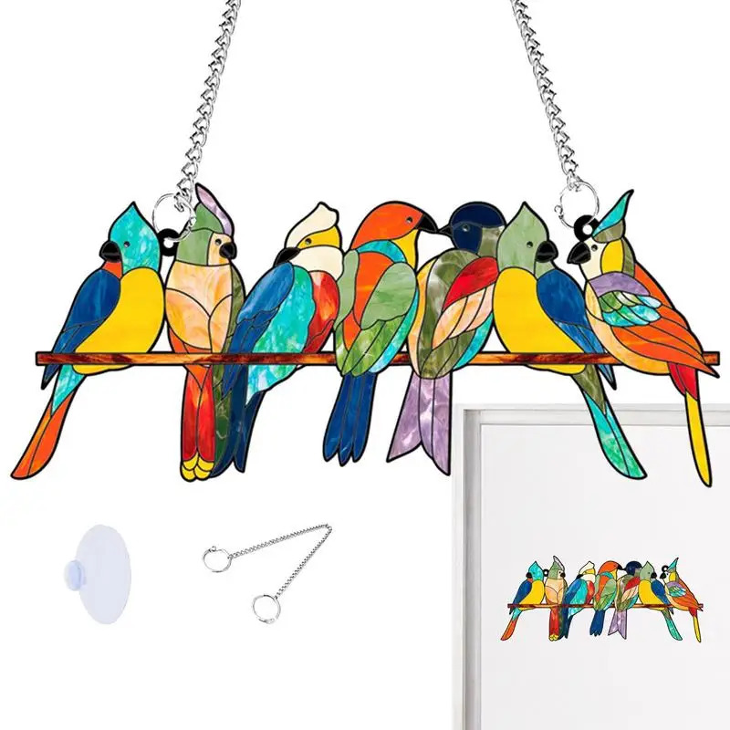 Stained Glass Birds Suction Cup Glass 7 Birds On Branch Window Ornaments With Thin Iron Chain Colorful Sun Catcher Wall Art