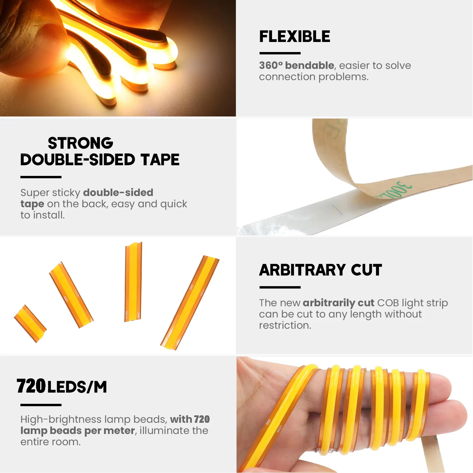 Bezinwazyjnie cięciąca się taśma LED COB 24V Super Jasna 720 LED/m Elastyczna taśma 8MM PCB Wysoka gęstość oświetlenia liniowego Ciepła Naturalna Biel — zdjęcie 6