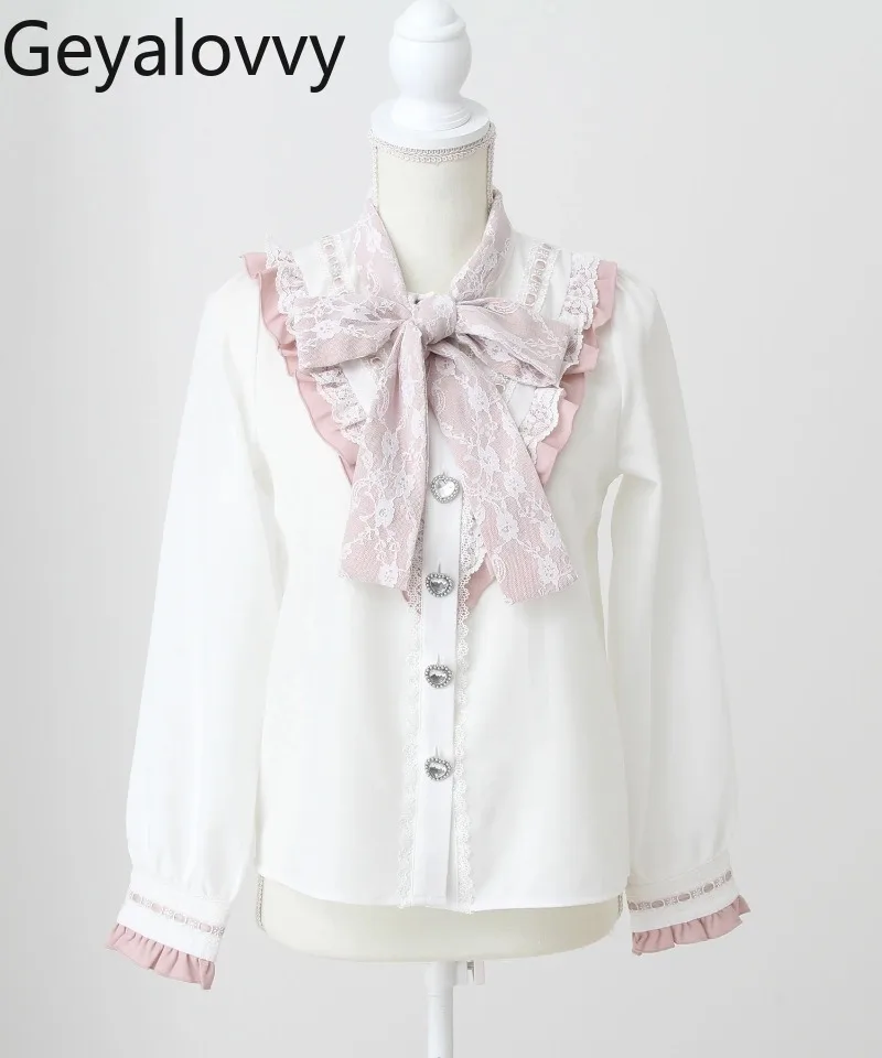 เสื้อเชิ้ตแขนยาวสไตล์ญี่ปุ่น แต่งโบว์ใหญ่ประดับคริสตัล ดีไซน์หวานซ่อนเปรี้ยว แต่งผ้าลูกไม้ ตัดเย็บอเนกประสงค์ กระดุมแถวเดียว