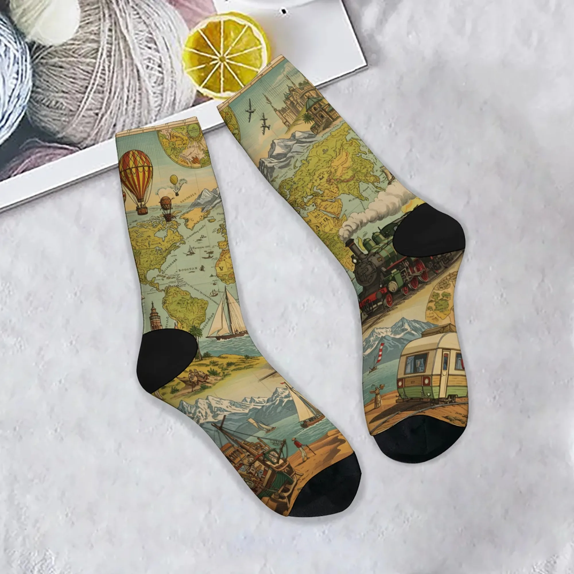 Harajuku rétro thème de voyage imprimé chaussettes pour hommes roman rue voyage géographie Style équipage chaussettes respirant chaussettes décontractées cadeau amusant