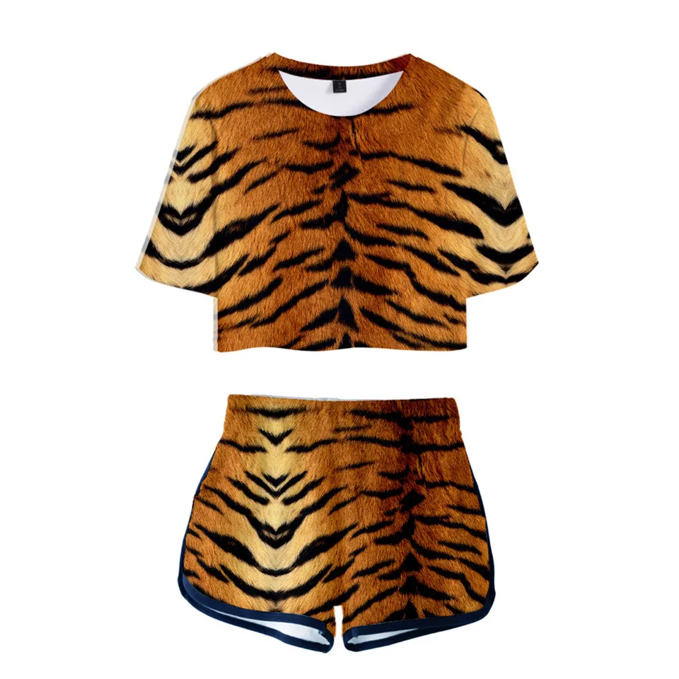 Conjunto de 2 piezas para mujer, camiseta 3d de piel de Tigre, ropa de calle, Tops, pantalones cortos, ropa deportiva Sexy, traje de pantalones cortos de verano