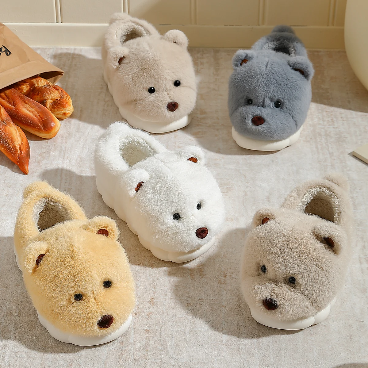 Winter Warm 3D Cartoon Dog Bear Thick Furry Men Women Plush Slippers Ankle Wrap Lady Couple Home Cotton Shoes