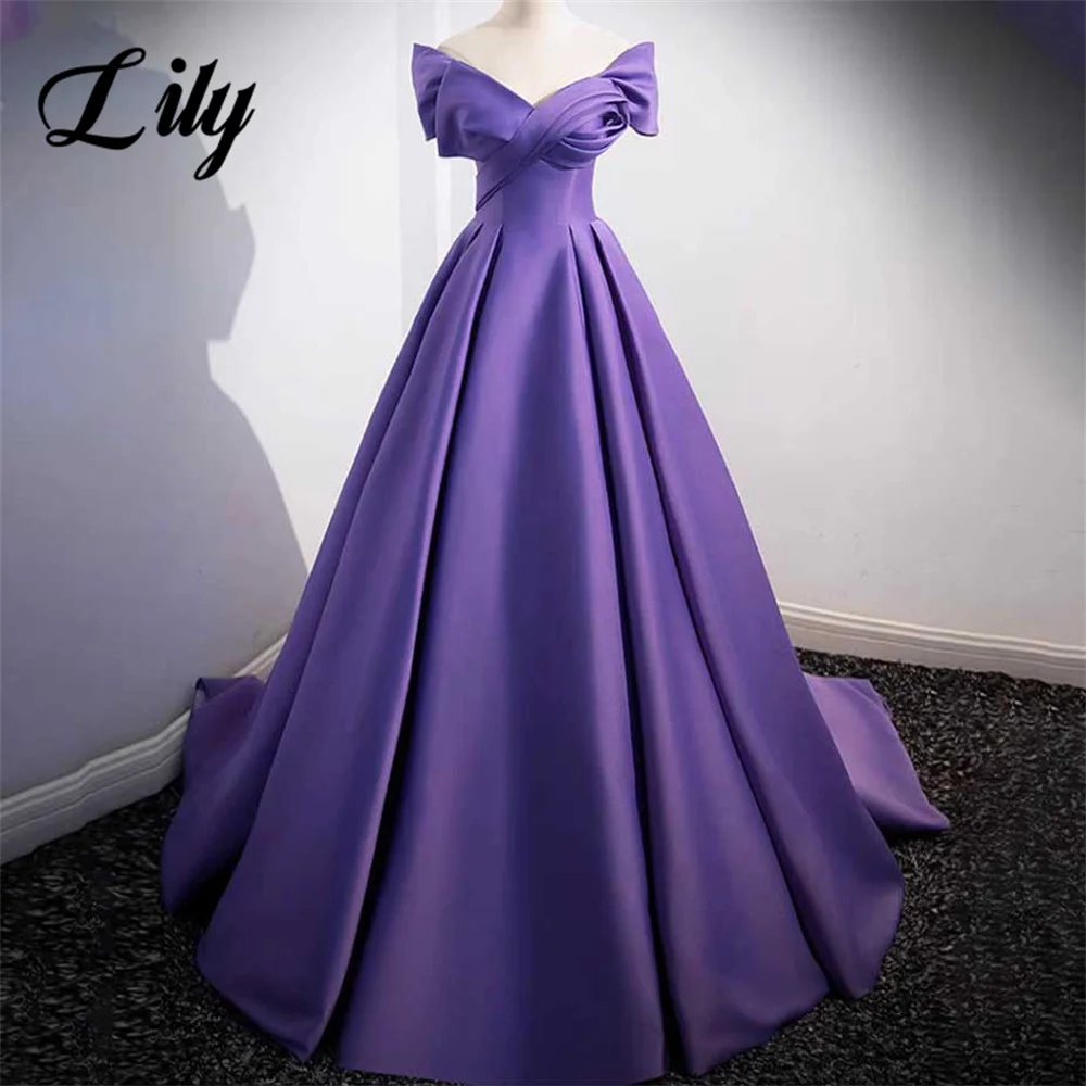 

Lily Purple Stain Sweetheart Evening Gown A-Line Prom Dress Pleats Satin Off The Shoulder V-Neck Evening Dress 프롬 드레스 Customized