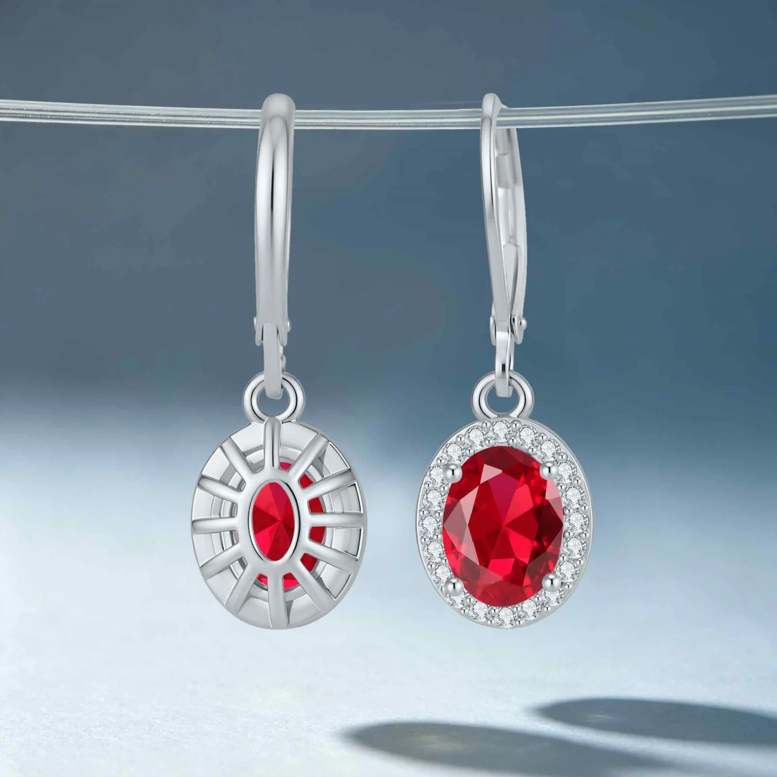 LAMVOICE 18K Golden Plated Oval Halo Synthetic Ruby Leverback Dangle Earrings,Hypoallergenic Anti‑Tarnish Women Jewelry